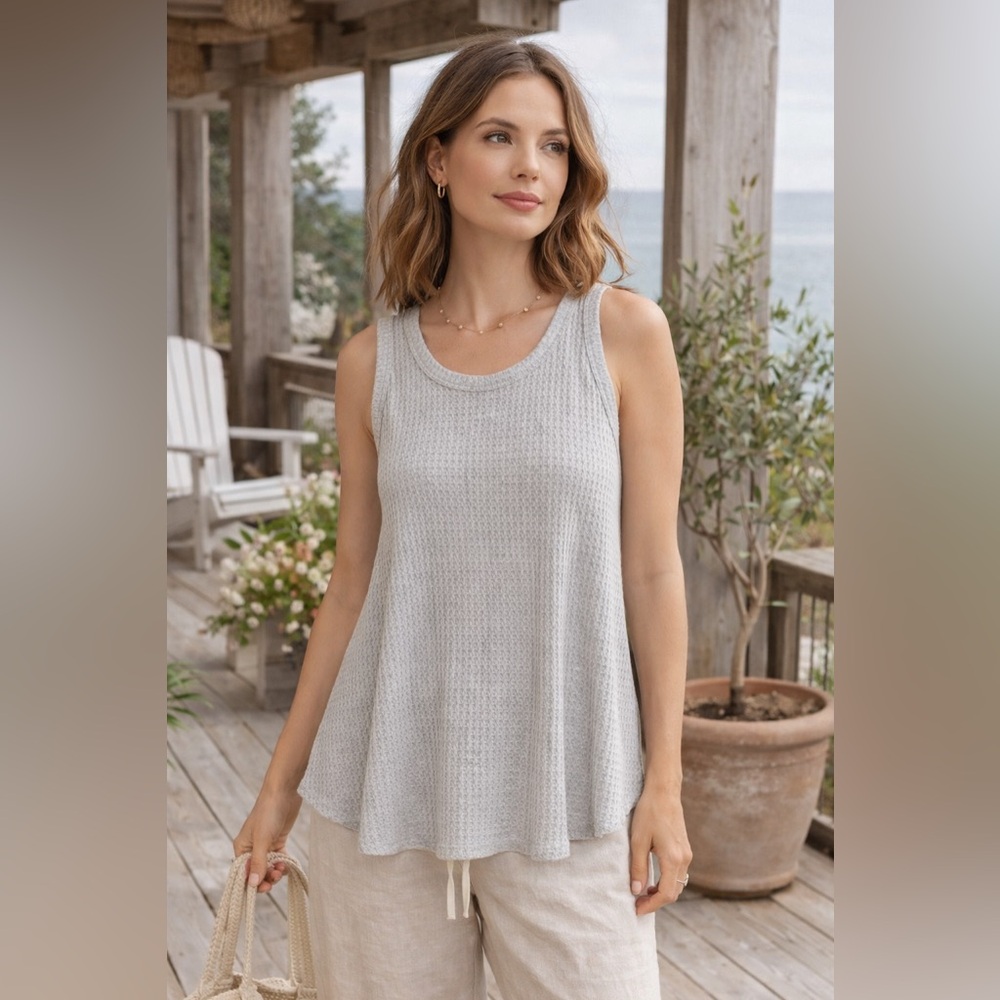 Soft Surroundings Gray Waffle Knit Tank Top A-Line Sleeveless Made USA Medium